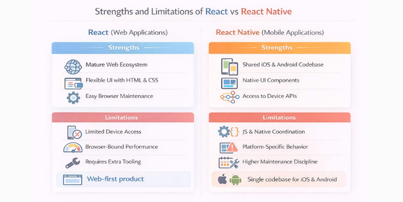 An image that represent Strengths and Limitations of React and React Native